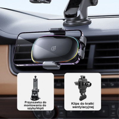 Usams  - Car Holder with Wireless Charging US-CD187 (CD187ZJ01) - Gravity Grip, LED Light, for Dashboard, 15W - Black - 3