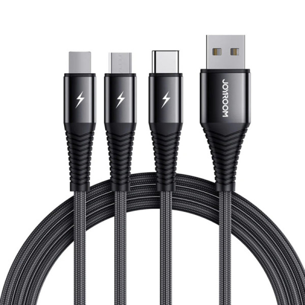 Cablu USB la Lightning, Type-C, Micro-USB, Fast Charge, 3A, 1.2m - JoyRoom 3in1 (S-1230G4) - Black