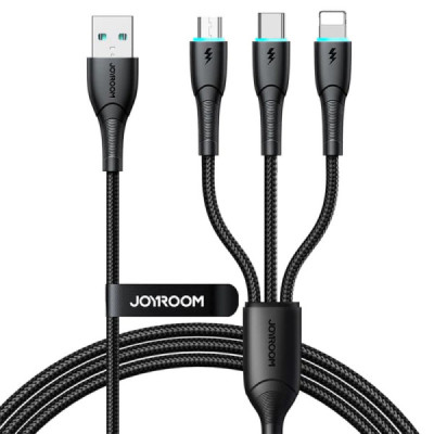 Cablu USB la Lightning, Type-C, Micro-USB, LED Light, 3.5A, 480Mbps, 1.2m - JoyRoom 3in1 (SA33-1T3) - Black - 1