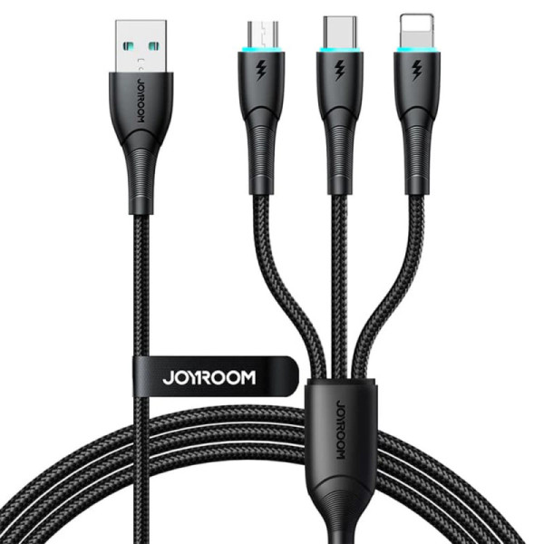 Cablu USB la Lightning, Type-C, Micro-USB, LED Light, 3.5A, 480Mbps, 1.2m - JoyRoom 3in1 (SA33-1T3) - Black