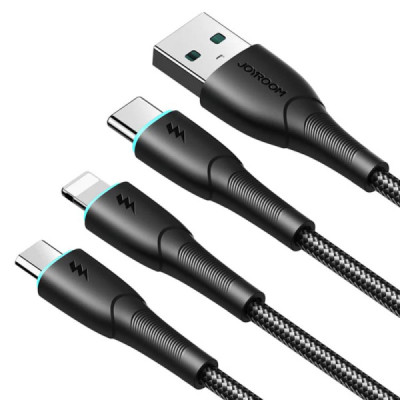 Cablu USB la Lightning, Type-C, Micro-USB, LED Light, 3.5A, 480Mbps, 1.2m - JoyRoom 3in1 (SA33-1T3) - Black - 3