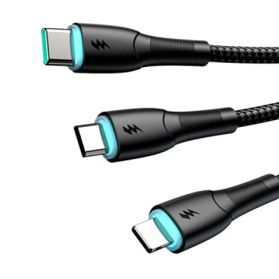 Cablu USB la Lightning, Type-C, Micro-USB, LED Light, 3.5A, 480Mbps, 1.2m - JoyRoom 3in1 (SA33-1T3) - Black - 4