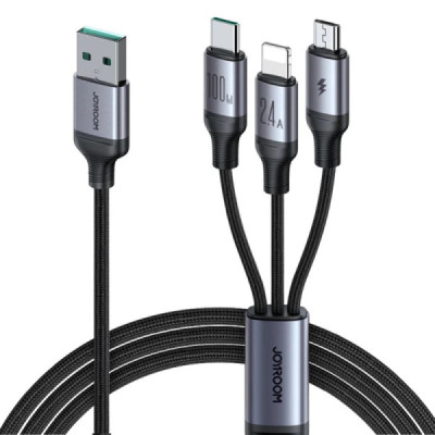 Cablu USB la Lightning, Type-C, Micro-USB, Fast Charging, 100W, 1.2m - JoyRoom Speedy Series (SA21-1T3) - Black - 1