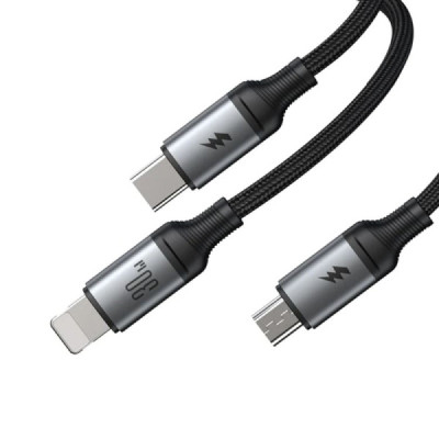 Cablu Type-C la Lightning, Type-C, Micro-USB, Fast Charging, 30W, 1.2m - JoyRoom Speedy Series (SA21-1T3) - Black - 2