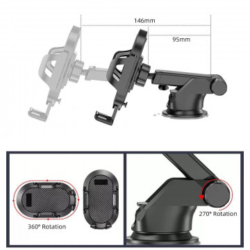 Suport Auto Techsuit Universal Telescopic Cu Ventuza Pentru Telefon - Negru - 6